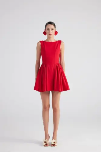 Boat Neck Skirt Flared MiniAlenaDress Red - 10