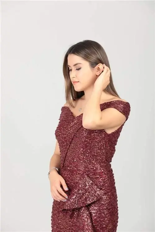 Boat Neck Skirt Flounced Ruffle Detailed Sequin Dress - Burgundy - 2