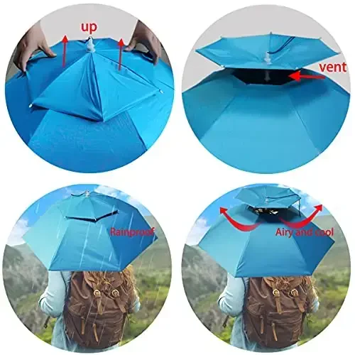 Bocampty Umbrella Hat, 37 inch Fishing Umbrella Hat Hands Free Foldable UV Protection Umbrella Cap Adjustable Headwear for Fishing Golf Camping Beach Gardening Sunshade Outdoor - 3