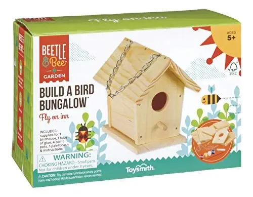 Beetle & Bee Build A Bird Bungalow - DIY Kid Art Craft Outdoor Birdhouse Kit, House Painting Kit for Kids, Hardware Glue Included- 4 Paints, 1 Brush, 7 Wooden Pcs, Chain For Tree Hanging Age 5+ - 1
