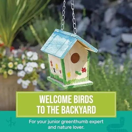 Beetle & Bee Build A Bird Bungalow - DIY Kid Art Craft Outdoor Birdhouse Kit, House Painting Kit for Kids, Hardware Glue Included- 4 Paints, 1 Brush, 7 Wooden Pcs, Chain For Tree Hanging Age 5+ - 2