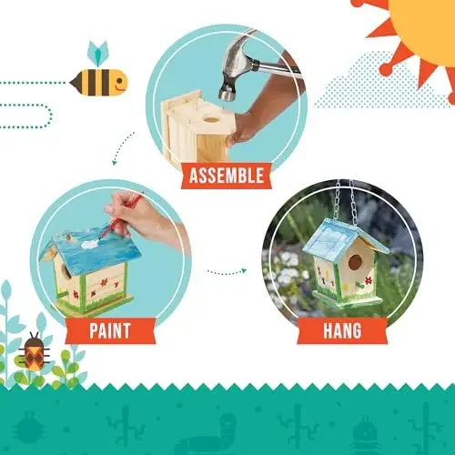 Beetle & Bee Build A Bird Bungalow - DIY Kid Art Craft Outdoor Birdhouse Kit, House Painting Kit for Kids, Hardware Glue Included- 4 Paints, 1 Brush, 7 Wooden Pcs, Chain For Tree Hanging Age 5+ - 4