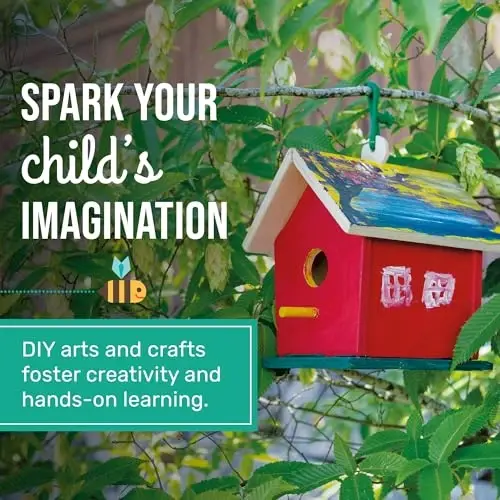 Beetle & Bee Build A Bird Bungalow - DIY Kid Art Craft Outdoor Birdhouse Kit, House Painting Kit for Kids, Hardware Glue Included- 4 Paints, 1 Brush, 7 Wooden Pcs, Chain For Tree Hanging Age 5+ - 5