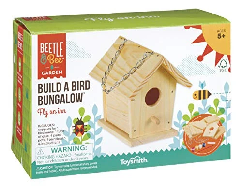 Beetle & Bee Build A Bird Bungalow - DIY Kid Art Craft Outdoor Birdhouse Kit, House Painting Kit for Kids, Hardware Glue Included- 4 Paints, 1 Brush, 7 Wooden Pcs, Chain For Tree Hanging Age 5+ - MODAZONE