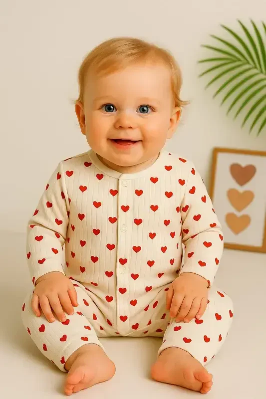 Боди для новорожденных для девочек с принтом маленького сердечка, на кнопках, 100% хлопок, эластичный, 1-3-6 месяцев - ЭКРЮ С МАЛЕНЬКИМИ СЕРДЕЧКАМИ - DINAMIK ÇOCUK