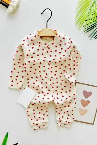 Боди для новорожденных для девочек с принтом маленького сердечка, на кнопках, 100% хлопок, эластичный, 1-3-6 месяцев - ЭКРЮ С МАЛЕНЬКИМИ СЕРДЕЧКАМИ - DINAMIK ÇOCUK (1)