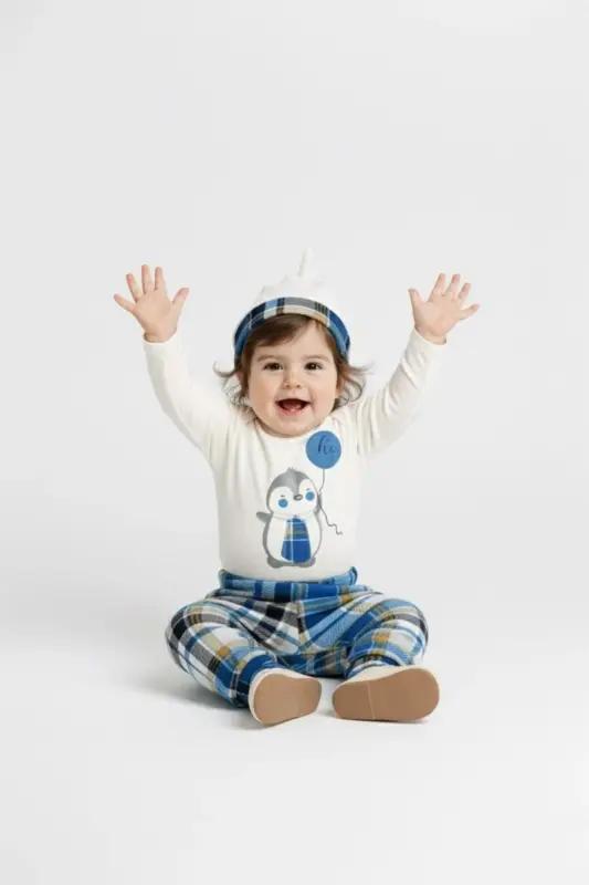 Боди с галстуком пингвина, штаны, шапка хлопковая комплектация MNK0587 СИНИЙ - 1
