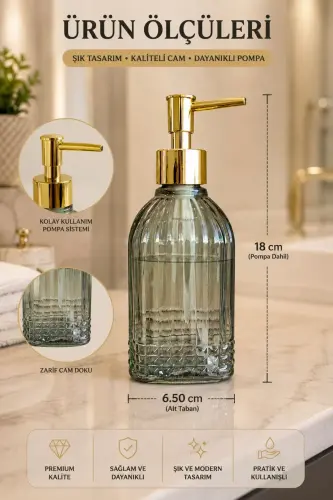Bodrum Single Glass Liquid Soap Dispenser GREEN || Modern Luxury Bathroom Accessory Decorative Liquid Soap Dispenser Soap Dispenser for Bathroom & Kitchen Countertop Sink || GOLD PUMP || Dish Soap Hand Soap - Bodrum Single Liquid Soap Dispenser GREEN - 3