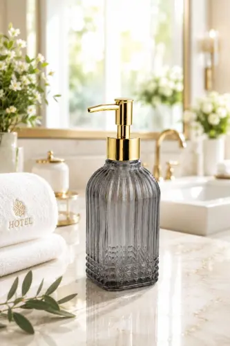 Bodrum Single Glass Liquid Soap Dispenser SMOKE || Modern Luxury Bathroom Accessory Decorative Liquid Soap Dispenser Soap Dispenser For Bathroom & Kitchen Countertop Sink || WITH GOLD PUMP || Dishwashing Detergent Hand Soap - Bodrum Single Liquid Soap Dispenser SMOKE 