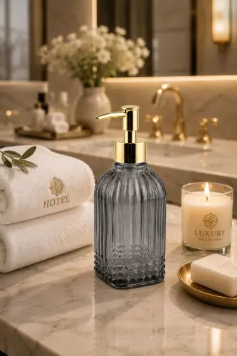 Bodrum Single Glass Liquid Soap Dispenser SMOKE || Modern Luxury Bathroom Accessory Decorative Liquid Soap Dispenser Soap Dispenser For Bathroom & Kitchen Countertop Sink || WITH GOLD PUMP || Dishwashing Detergent Hand Soap - Bodrum Single Liquid Soap Dispenser SMOKE - 3