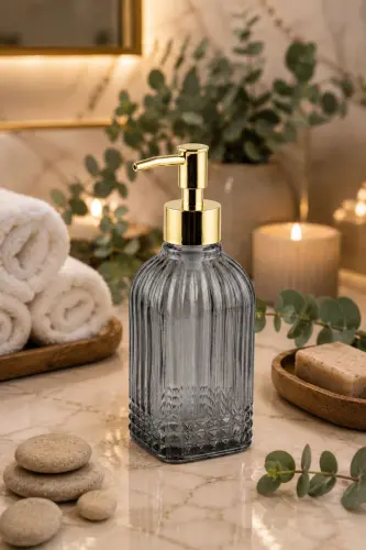 Bodrum Single Glass Liquid Soap Dispenser SMOKE || Modern Luxury Bathroom Accessory Decorative Liquid Soap Dispenser Soap Dispenser For Bathroom & Kitchen Countertop Sink || WITH GOLD PUMP || Dishwashing Detergent Hand Soap - Bodrum Single Liquid Soap Dispenser SMOKE - 4