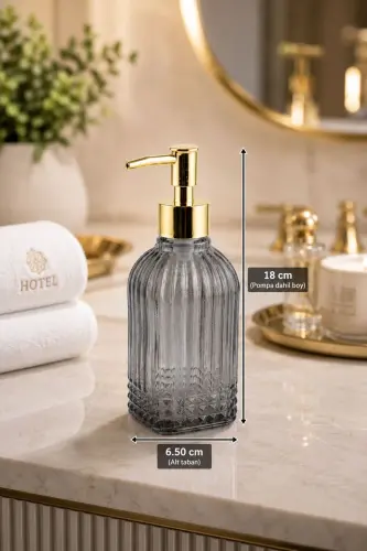 Bodrum Single Glass Liquid Soap Dispenser SMOKE || Modern Luxury Bathroom Accessory Decorative Liquid Soap Dispenser Soap Dispenser For Bathroom & Kitchen Countertop Sink || WITH GOLD PUMP || Dishwashing Detergent Hand Soap - Bodrum Single Liquid Soap Dispenser SMOKE - 5