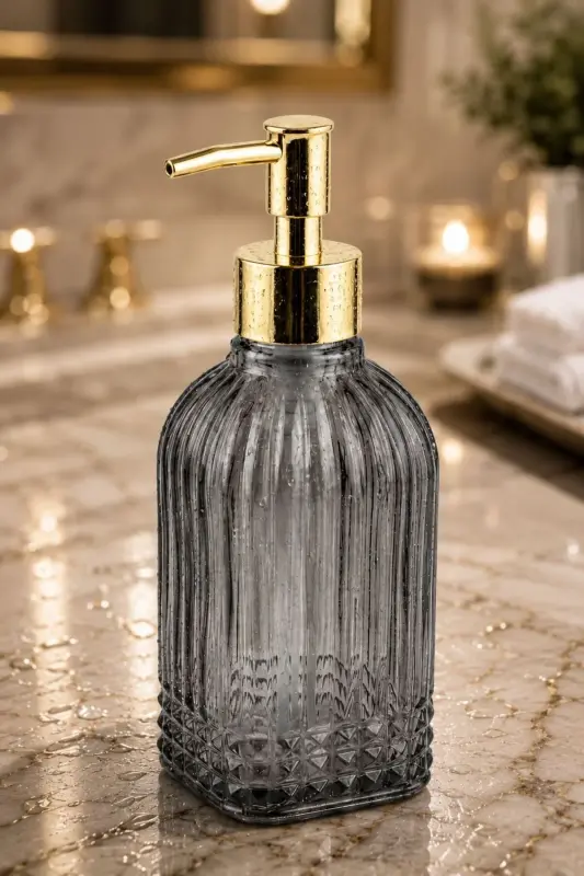 Bodrum Single Glass Liquid Soap Dispenser SMOKE || Modern Luxury Bathroom Accessory Decorative Liquid Soap Dispenser Soap Dispenser For Bathroom & Kitchen Countertop Sink || WITH GOLD PUMP || Dishwashing Detergent Hand Soap - Bodrum Single Liquid Soap Dispenser SMOKE - 7