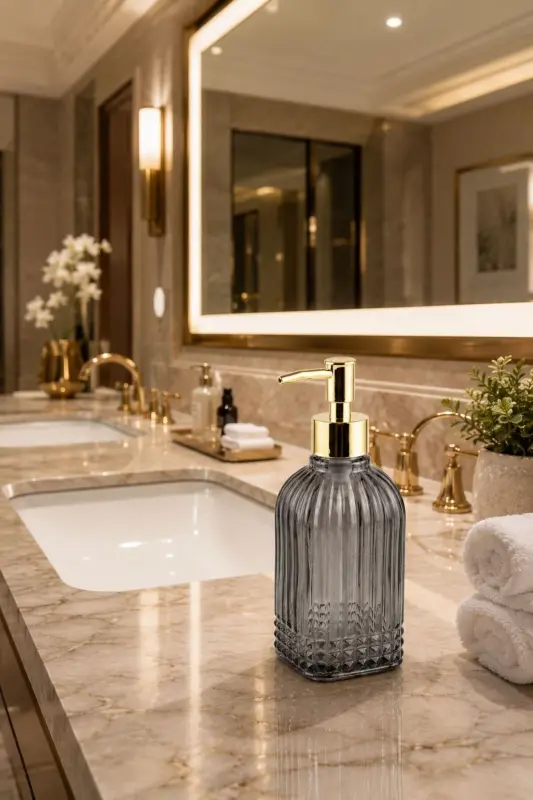 Bodrum Single Glass Liquid Soap Dispenser SMOKE || Modern Luxury Bathroom Accessory Decorative Liquid Soap Dispenser Soap Dispenser For Bathroom & Kitchen Countertop Sink || WITH GOLD PUMP || Dishwashing Detergent Hand Soap - Bodrum Single Liquid Soap Dispenser SMOKE - 8