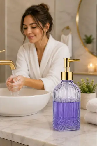 Bodrum Tekli Cam Sıvı Sabunluk ŞEFFAF || Modern Lüks Banyo Aksesuarı Dekoratif Sıvı Sabunluk Sabun Dispenseri Banyo & Mutfak İçin Tezgah Üstü Lavabo || GOLD POMPALI || Bulaşık Deterjanı El Sabunu - Bodrum Tekli Sıvı Sabunluk ŞEFFAF - ANGDESİGN (1)