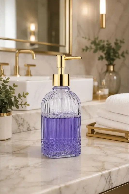 Bodrum Tekli Cam Sıvı Sabunluk ŞEFFAF || Modern Lüks Banyo Aksesuarı Dekoratif Sıvı Sabunluk Sabun Dispenseri Banyo & Mutfak İçin Tezgah Üstü Lavabo || GOLD POMPALI || Bulaşık Deterjanı El Sabunu - Bodrum Tekli Sıvı Sabunluk ŞEFFAF - 3