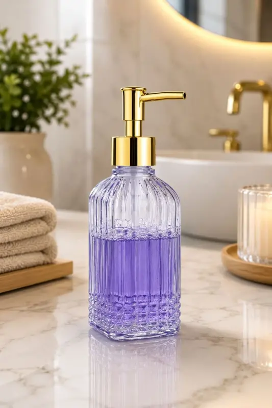 Bodrum Tekli Cam Sıvı Sabunluk ŞEFFAF || Modern Lüks Banyo Aksesuarı Dekoratif Sıvı Sabunluk Sabun Dispenseri Banyo & Mutfak İçin Tezgah Üstü Lavabo || GOLD POMPALI || Bulaşık Deterjanı El Sabunu - Bodrum Tekli Sıvı Sabunluk ŞEFFAF - 5