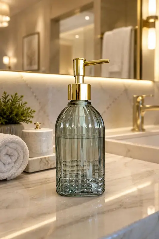 Bodrum Tekli Cam Sıvı Sabunluk YEŞİL || Modern Lüks Banyo Aksesuarı Dekoratif Sıvı Sabunluk Sabun Dispenseri Banyo & Mutfak İçin Tezgah Üstü Lavabo || GOLD POMPALI || Bulaşık Deterjanı El Sabunu - Bodrum Tekli Sıvı Sabunluk YEŞİL - 4