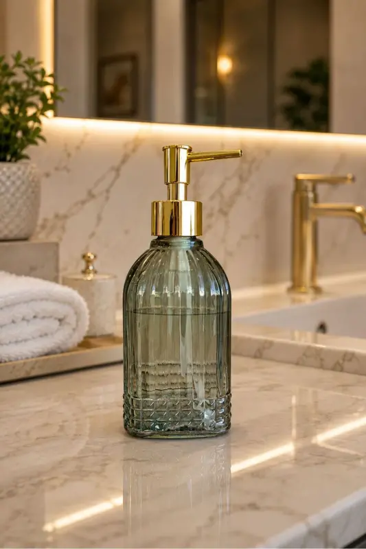Bodrum Tekli Cam Sıvı Sabunluk YEŞİL || Modern Lüks Banyo Aksesuarı Dekoratif Sıvı Sabunluk Sabun Dispenseri Banyo & Mutfak İçin Tezgah Üstü Lavabo || GOLD POMPALI || Bulaşık Deterjanı El Sabunu - Bodrum Tekli Sıvı Sabunluk YEŞİL - 5