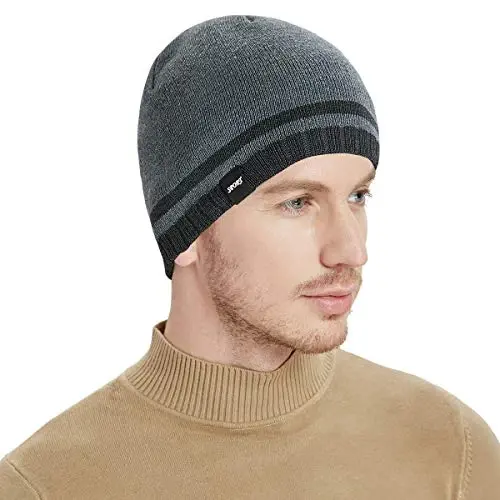 Bodvera Mens Winter Beanie Hat Warm Knit Cuffed Plain Toboggan Ski Skull Cap (3 Patterns) - BODVERA (1)