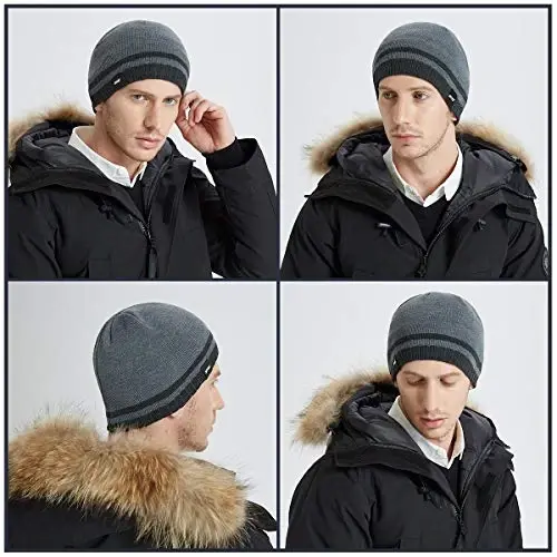Bodvera Mens Winter Beanie Hat Warm Knit Cuffed Plain Toboggan Ski Skull Cap (3 Patterns) - 4