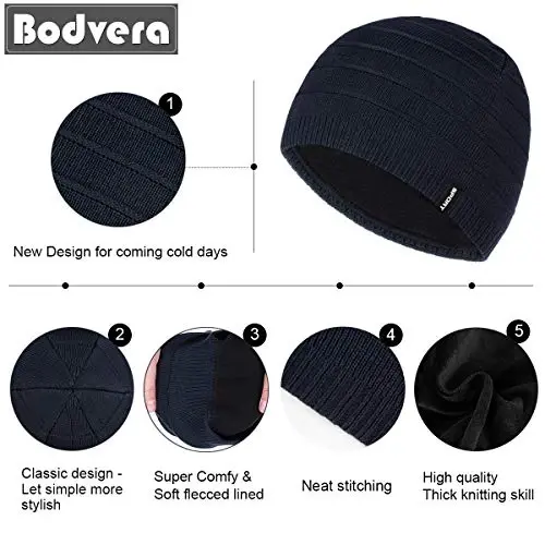 Bodvera Mens Winter Beanie Hat Warm Knit Cuffed Plain Toboggan Ski Skull Cap (3 Patterns) - 4