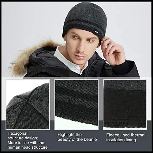Bodvera Mens Qishki Beanie Shapka Issiq Trikotaj Manjetli Oddiy Toboggan Chang'i череп Qopqoq (3 naqsh) - 5