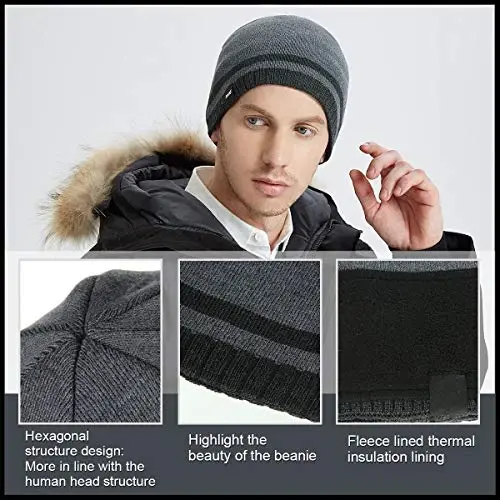 Bodvera Mens Qishki Shapka iliq Trikotaj Manjetli Oddiy Toboggan chang'i Bosh suyagi qopqog'i (3 naqsh) - 5