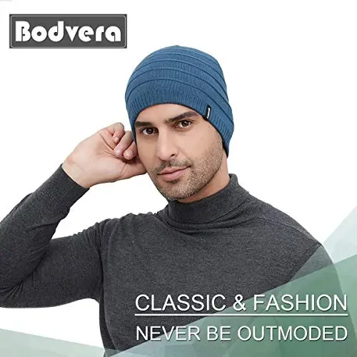 Bodvera Mens Qishki shapka issiq trikotajli manjetli tekis toboggan chang'i bosh suyagi qalpog'i (3 naqsh) - 3