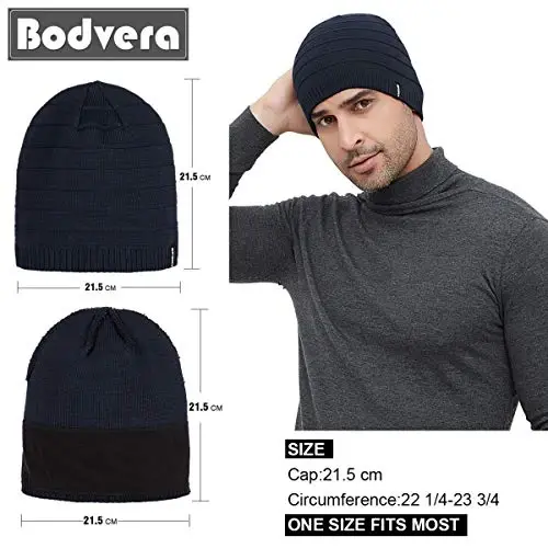 Bodvera Mens Qishki Triko Shapka Issiq Trikotaj Manshetli Tekis Toboggan Chang'i Bosh Suyagi Shapka (3 naqsh) - 5