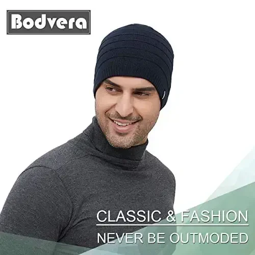 Bodvera Mens Qishki Triko Shapka Issiq Trikotaj Manshetli Tekis Toboggan Chang'i Bosh Suyagi Shapka (3 naqsh) - 3