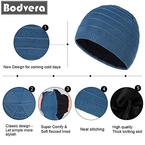 Bodvera Mens Winter Beanie Hat Warm Knit Cuffed Plain Toboggan Ski Skull Cap (3 Patterns) - 4