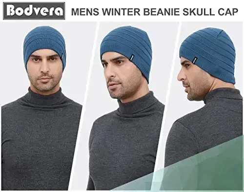 Bodvera Mens Winter Beanie Hat Warm Knit Cuffed Plain Toboggan Ski Skull Cap (3 Patterns) - 6