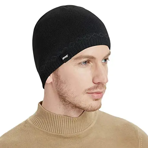 Bodvera Mens Winter Beanie Hat Warm Knit Cuffed Plain Toboggan Ski Skull Cap (3 Patterns) - BODVERA (1)