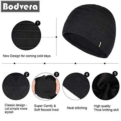 Bodvera Mens Winter Beanie Hat Warm Knit Cuffed Plain Toboggan Ski Skull Cap (3 Patterns) - 4