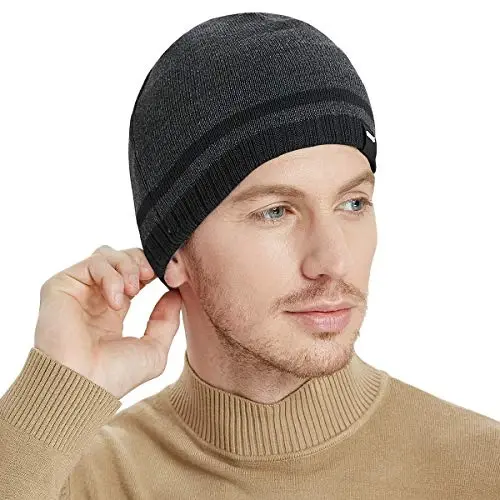 Bodvera Mens Winter Beanie Hat Warm Knit Cuffed Plain Toboggan Ski Skull Cap (3 Patterns) - BODVERA (1)