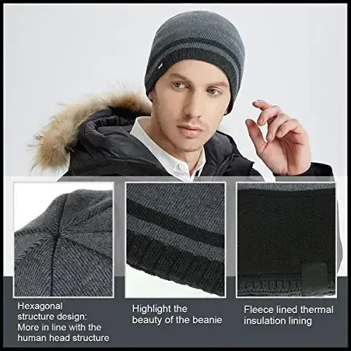 Bodvera Mens Winter Beanie Hat Warm Knit Cuffed Plain Toboggan Ski Skull Cap (3 Patterns) - 5