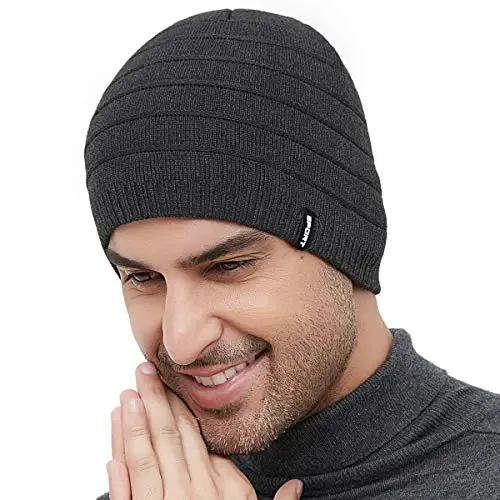 Bodvera Mens Winter Beanie Hat Warm Knit Cuffed Plain Toboggan Ski Skull Cap (3 Patterns) - BODVERA (1)