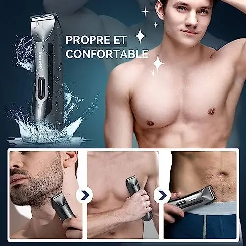 Body Hair Trimmer for Men, kensen Electric Groin Hair Trimmer, Rechargeable Body Groomer, Replaceable Ceramic Blade Heads, Waterproof Wet/Dry Clippers, Male Pubic Hair Hygiene Razor - 3