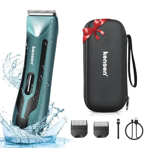 Body Hair Trimmer for Men - Manscape Electric Shavers for Men, Rechargeable Pubic Hair Trimmer with Replaceable Ceramic Blade Head IPX7 Waterproof Wet/Dry Groin Trimmers Ball Shaver (Green) - KENSEN