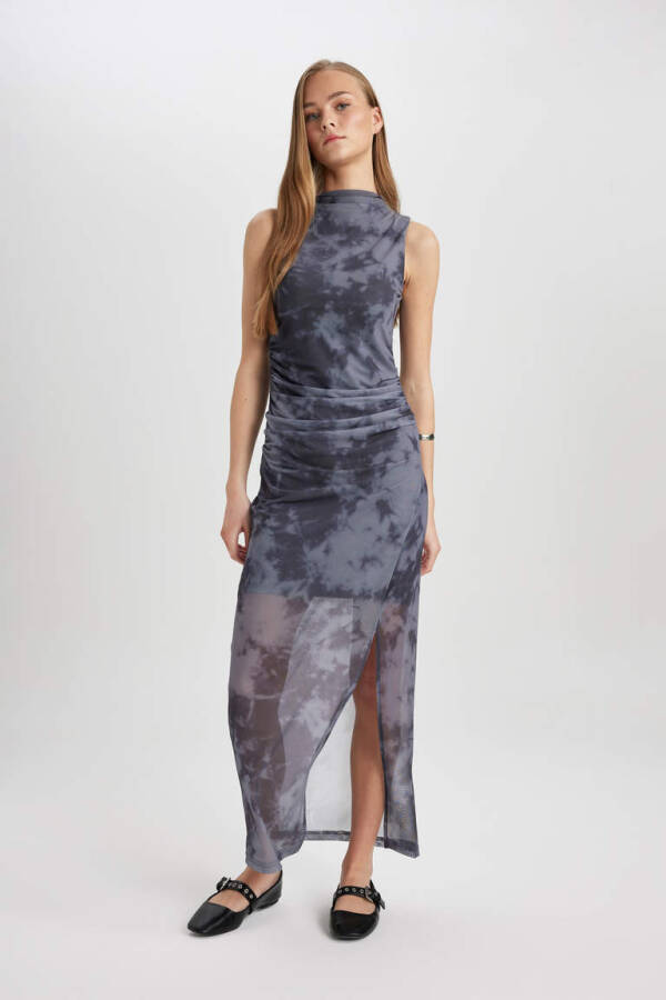 Bodycon Baland Yaka Batik Tül Yengsiz Midi Ko'ylak Antrasit - 1