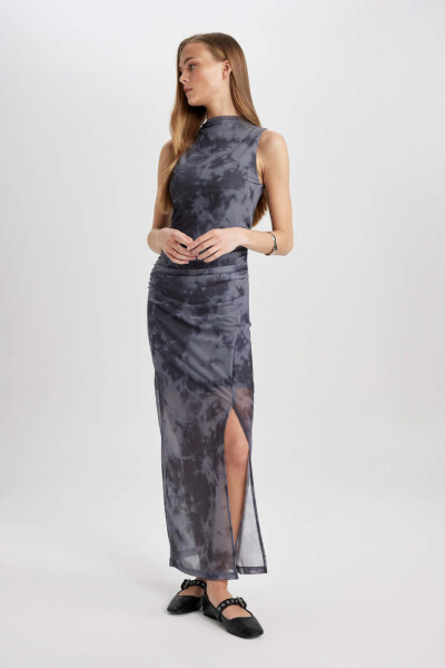 Bodycon Baland Yaka Batik Tül Yengsiz Midi Ko'ylak Antrasit - 3