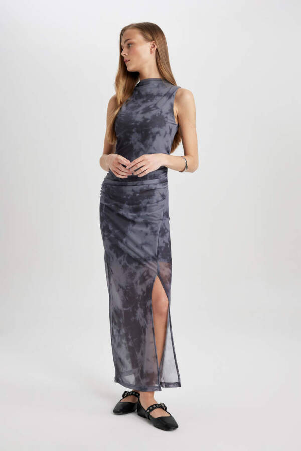 Bodycon Baland Yaka Batik Tül Yengsiz Midi Ko'ylak Antrasit - 3