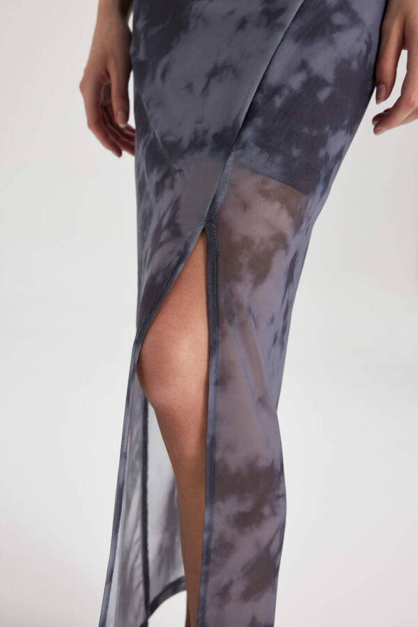 Bodycon Baland Yaka Batik Tül Yengsiz Midi Ko'ylak Antrasit - 4