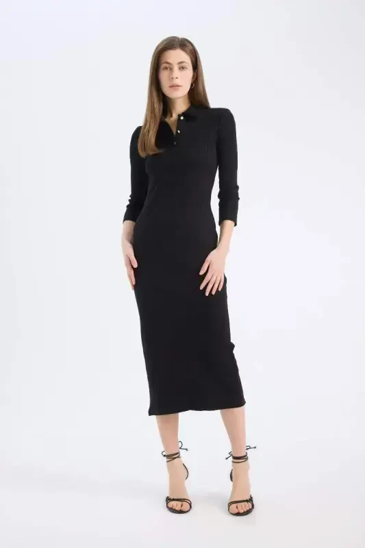 Bodycon Body Hugging Polo Neck Basic Plain Ribbed Rib Knit Short Sleeve Midi Dress-Black - 3