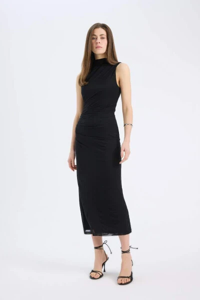 Bodycon Bodycon Mock Neck Basic Plain Tulle Sleeveless Maxi Dress Black - DEFACTO