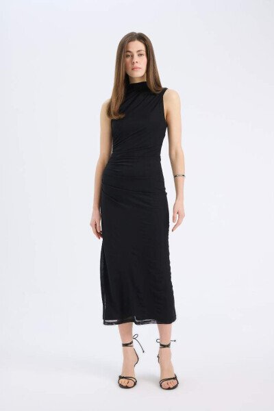 Bodycon Bodycon Mock Neck Basic Plain Tulle Sleeveless Maxi Dress Black - 3