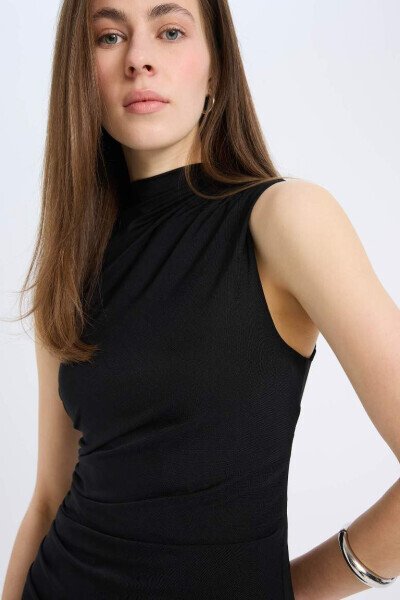 Bodycon Bodycon Mock Neck Basic Plain Tulle Sleeveless Maxi Dress Black - 5