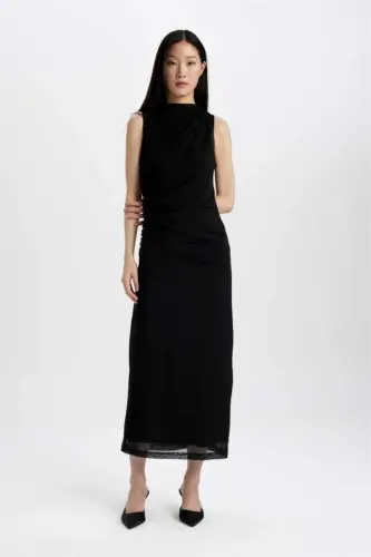 Bodycon Bodycon Mock Neck Basic Plain Tulle Sleeveless Maxi Dress Black - DEFACTO (1)