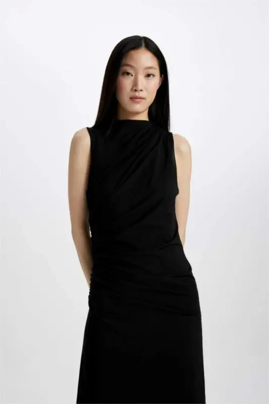 Bodycon Bodycon Mock Neck Basic Plain Tulle Sleeveless Maxi Dress Black - 4